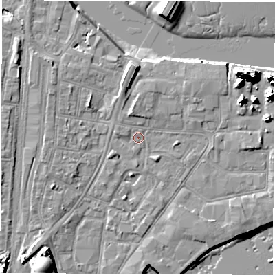 Shaded relief map of the ground around SO145RX, computed from Environment Agency LiDAR. The ground here sits at about 3 m above sea level and falls 20 m across the surrounding 800 m. Surface water reaching this point runs off ground lying to the north-north-west, 2.2 m higher.