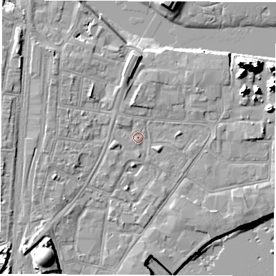 Shaded relief map of the ground around SO145RY, computed from Environment Agency LiDAR. The ground here sits at about 3 m above sea level and falls 20 m across the surrounding 800 m. Surface water reaching this point runs off ground lying to the north-west, 1.3 m higher.