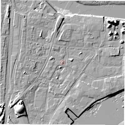 Shaded relief map of the ground around SO145RZ, computed from Environment Agency LiDAR. The ground here sits at about 3 m above sea level and falls 20 m across the surrounding 800 m. Surface water reaching this point runs off ground lying to the south-west, 6.5 m higher.