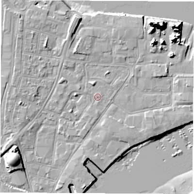 Shaded relief map of the ground around SO145SB, computed from Environment Agency LiDAR. The ground here sits at about 3 m above sea level and falls 20 m across the surrounding 800 m. Surface water reaching this point runs off ground lying to the west-south-west, 6.5 m higher.