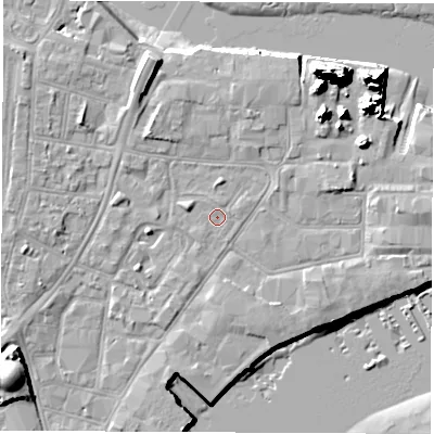 Shaded relief map of the ground around SO145SD, computed from Environment Agency LiDAR. The ground here sits at about 2 m above sea level and falls 20 m across the surrounding 800 m. Surface water reaching this point runs off ground lying to the north-east, 15.7 m higher.
