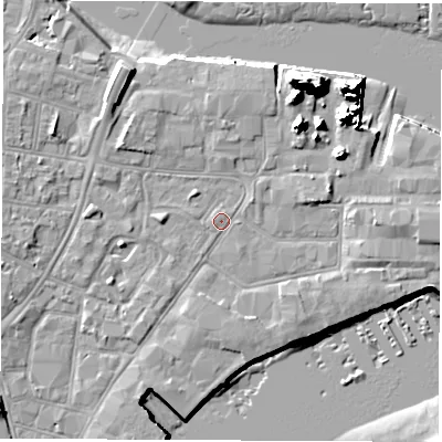 Shaded relief map of the ground around SO145SE, computed from Environment Agency LiDAR. The ground here sits at about 3 m above sea level and falls 20 m across the surrounding 800 m. Surface water reaching this point runs off ground lying to the north-north-east, 15.7 m higher.