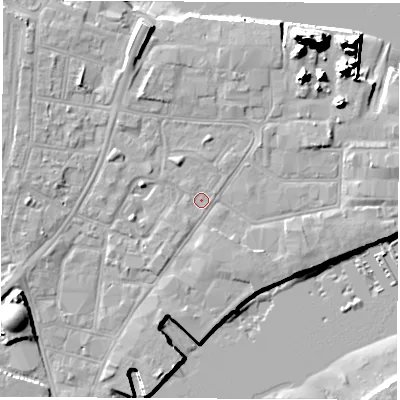 Shaded relief map of the ground around SO145SF, computed from Environment Agency LiDAR. The ground here sits at about 2 m above sea level and falls 20 m across the surrounding 800 m. Surface water reaching this point runs off ground lying to the south-west, 1.3 m higher.
