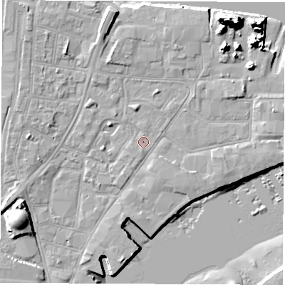 Shaded relief map of the ground around SO145SG, computed from Environment Agency LiDAR. The ground here sits at about 2 m above sea level and falls 20 m across the surrounding 800 m. Surface water reaching this point runs off ground lying to the south-south-west, 1.3 m higher.