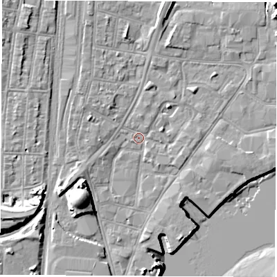 Shaded relief map of the ground around SO145SP, computed from Environment Agency LiDAR. The ground here sits at about 2 m above sea level and falls 19 m across the surrounding 800 m. Surface water reaching this point runs off ground lying to the south-west, 8.5 m higher.