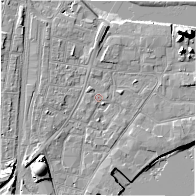 Shaded relief map of the ground around SO145SR, computed from Environment Agency LiDAR. The ground here sits at about 3 m above sea level and falls 20 m across the surrounding 800 m. Surface water reaching this point runs off ground lying to the south-west, 6.5 m higher.