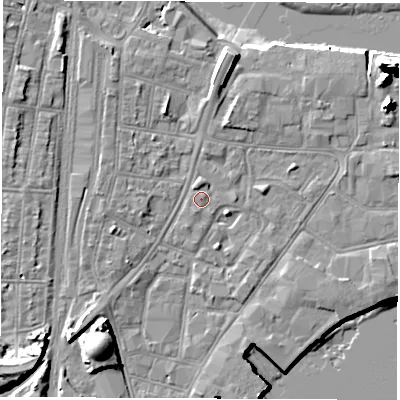 Shaded relief map of the ground around SO145SS, computed from Environment Agency LiDAR. The ground here sits at about 3 m above sea level and falls 20 m across the surrounding 800 m. Surface water reaching this point runs off ground lying to the north, 1.2 m higher.