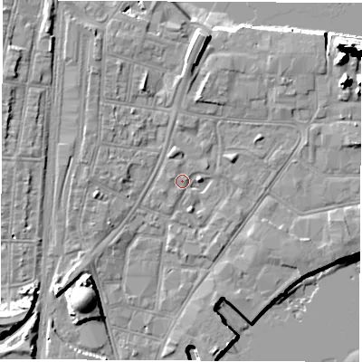 Shaded relief map of the ground around SO145ST, computed from Environment Agency LiDAR. The ground here sits at about 3 m above sea level and falls 20 m across the surrounding 800 m. Surface water reaching this point runs off ground lying to the south-west, 6.5 m higher.
