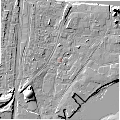 Shaded relief map of the ground around SO145SW, computed from Environment Agency LiDAR. The ground here sits at about 3 m above sea level and falls 20 m across the surrounding 800 m. Surface water reaching this point runs off ground lying to the south-west, 8.5 m higher.