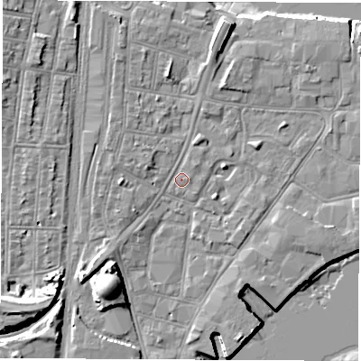 Shaded relief map of the ground around SO145SX, computed from Environment Agency LiDAR. The ground here sits at about 3 m above sea level and falls 13 m across the surrounding 800 m. Surface water reaching this point runs off ground lying to the north-north-east, 4.7 m higher.