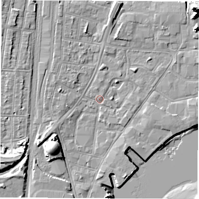Shaded relief map of the ground around SO145SY, computed from Environment Agency LiDAR. The ground here sits at about 3 m above sea level and falls 20 m across the surrounding 800 m. Surface water reaching this point runs off ground lying to the south-west, 8.5 m higher.