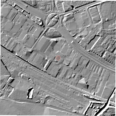 Shaded relief map of the ground around SO150AE, computed from Environment Agency LiDAR. The ground here sits at about 4 m above sea level and falls 8 m across the surrounding 800 m. Surface water reaching this point runs off ground lying to the west-south-west, 1.5 m higher.