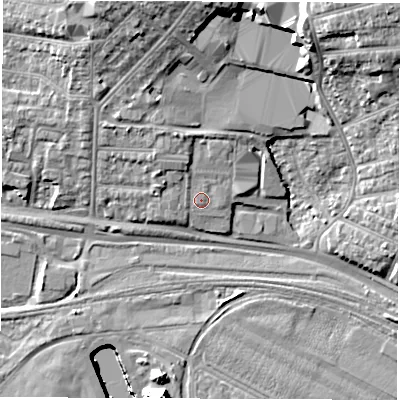 Shaded relief map of the ground around SO150AJ, computed from Environment Agency LiDAR. The ground here sits at about 5 m above sea level and falls 20 m across the surrounding 800 m. Surface water reaching this point runs off ground lying to the north-north-west, 3.2 m higher.