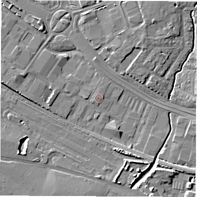 Shaded relief map of the ground around SO150AR, computed from Environment Agency LiDAR. The ground here sits at about 4 m above sea level and falls 11 m across the surrounding 800 m. Surface water reaching this point runs off ground lying to the east, 0.9 m higher.