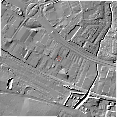 Shaded relief map of the ground around SO150AW, computed from Environment Agency LiDAR. The ground here sits at about 3 m above sea level and falls 12 m across the surrounding 800 m. Surface water reaching this point runs off ground lying to the north-north-west, 1.2 m higher.