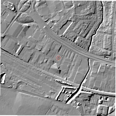 Shaded relief map of the ground around SO150DF, computed from Environment Agency LiDAR. The ground here sits at about 3 m above sea level and falls 12 m across the surrounding 800 m. Surface water reaching this point runs off ground lying to the west-north-west, 4.1 m higher.