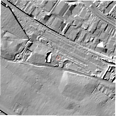 Shaded relief map of the ground around SO150GN, computed from Environment Agency LiDAR. The ground here sits at about 3 m above sea level and falls 13 m across the surrounding 800 m. Surface water reaching this point runs off ground lying to the west-north-west, 4.3 m higher.