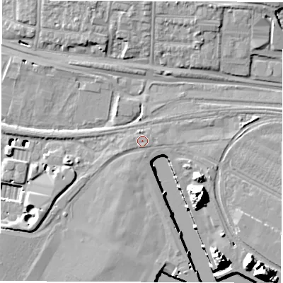 Shaded relief map of the ground around SO150HH, computed from Environment Agency LiDAR. The ground here sits at about 4 m above sea level and falls 22 m across the surrounding 800 m. Surface water reaching this point runs off ground lying to the west-south-west, 0.6 m higher.