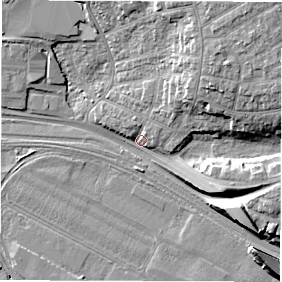 Shaded relief map of the ground around SO150HT, computed from Environment Agency LiDAR. The ground here sits at about 4 m above sea level and falls 17 m across the surrounding 800 m. Surface water reaching this point runs off ground lying to the north-east, 14.9 m higher.