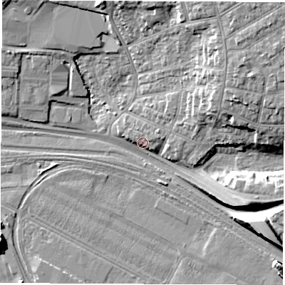 Shaded relief map of the ground around SO150HU, computed from Environment Agency LiDAR. The ground here sits at about 5 m above sea level and falls 16 m across the surrounding 800 m. Surface water reaching this point runs off ground lying to the north-east, 15.5 m higher.