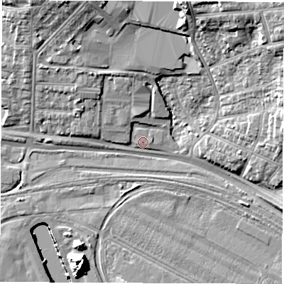 Shaded relief map of the ground around SO150HW, computed from Environment Agency LiDAR. The ground here sits at about 4 m above sea level and falls 20 m across the surrounding 800 m. Surface water reaching this point runs off ground lying to the north-west, 5.4 m higher.