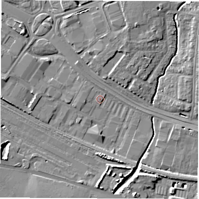 Shaded relief map of the ground around SO150JA, computed from Environment Agency LiDAR. The ground here sits at about 4 m above sea level and falls 12 m across the surrounding 800 m. Surface water reaching this point runs off ground lying to the north-west, 0.6 m higher.