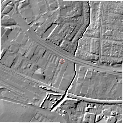 Shaded relief map of the ground around SO150JU, computed from Environment Agency LiDAR. The ground here sits at about 3 m above sea level and falls 12 m across the surrounding 800 m. Surface water reaching this point runs off ground lying to the north-east, 8.2 m higher.
