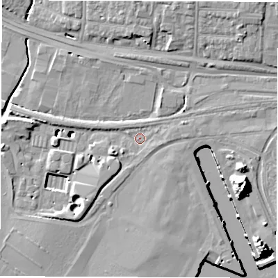 Shaded relief map of the ground around SO150JW, computed from Environment Agency LiDAR. The ground here sits at about 3 m above sea level and falls 21 m across the surrounding 800 m. Surface water reaching this point runs off ground lying to the west, 9.4 m higher.