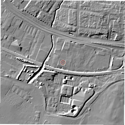 Shaded relief map of the ground around SO150JX, computed from Environment Agency LiDAR. The ground here sits at about 3 m above sea level and falls 12 m across the surrounding 800 m. Surface water reaching this point runs off ground lying to the north-north-east, 1.2 m higher.
