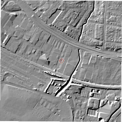 Shaded relief map of the ground around SO150JY, computed from Environment Agency LiDAR. The ground here sits at about 3 m above sea level and falls 12 m across the surrounding 800 m. Surface water reaching this point runs off ground lying to the south-south-west, 3.9 m higher.