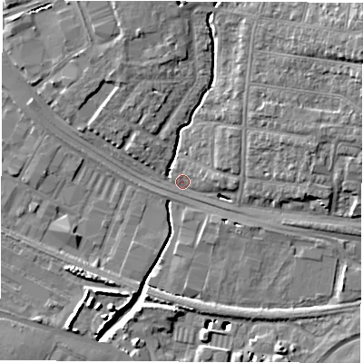 Shaded relief map of the ground around SO150JZ, computed from Environment Agency LiDAR. The ground here sits at about 3 m above sea level and falls 16 m across the surrounding 800 m. Surface water reaching this point runs off ground lying to the east-north-east, 7.3 m higher.