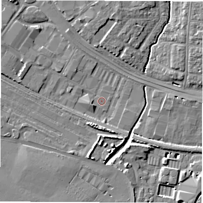 Shaded relief map of the ground around SO150LD, computed from Environment Agency LiDAR. The ground here sits at about 3 m above sea level and falls 12 m across the surrounding 800 m. Surface water reaching this point runs off ground lying to the south, 3.9 m higher.