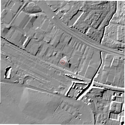 Shaded relief map of the ground around SO150LF, computed from Environment Agency LiDAR. The ground here sits at about 4 m above sea level and falls 12 m across the surrounding 800 m. Surface water reaching this point runs off ground lying to the west-north-west, 4.1 m higher.