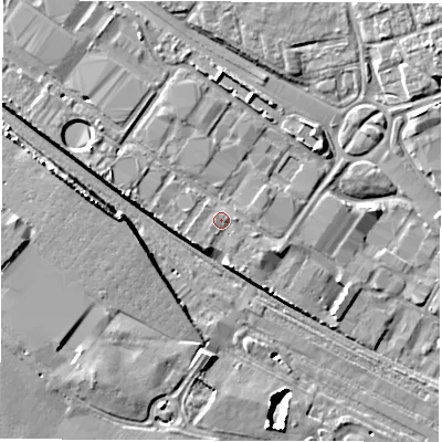 Shaded relief map of the ground around SO150LJ, computed from Environment Agency LiDAR. The ground here sits at about 6 m above sea level and falls 10 m across the surrounding 800 m. Surface water reaching this point runs off ground lying to the south-west, 1.1 m higher.