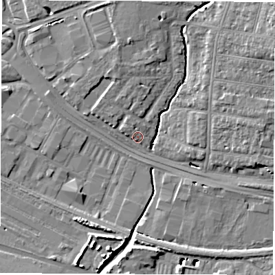 Shaded relief map of the ground around SO150LL, computed from Environment Agency LiDAR. The ground here sits at about 4 m above sea level and falls 13 m across the surrounding 800 m. Surface water reaching this point runs off ground lying to the north-north-west, 2.0 m higher.
