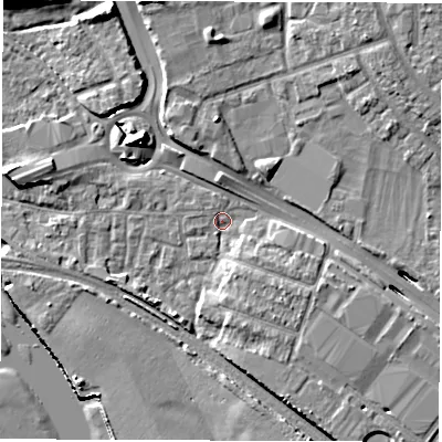 Shaded relief map of the ground around SO150NE, computed from Environment Agency LiDAR. The ground here sits at about 4 m above sea level and falls 12 m across the surrounding 800 m. Surface water reaching this point runs off ground lying to the north-east, 6.6 m higher.