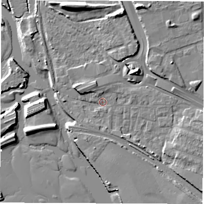 Shaded relief map of the ground around SO150NJ, computed from Environment Agency LiDAR. The ground here sits at about 3 m above sea level and falls 13 m across the surrounding 800 m. Surface water reaching this point runs off ground lying to the north-north-east, 9.6 m higher.