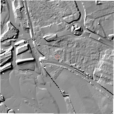 Shaded relief map of the ground around SO150NL, computed from Environment Agency LiDAR. The ground here sits at about 3 m above sea level and falls 11 m across the surrounding 800 m. Surface water reaching this point runs off ground lying to the south-east, 1.2 m higher.