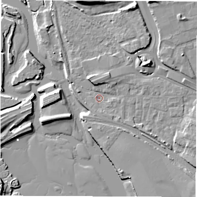Shaded relief map of the ground around SO150NN, computed from Environment Agency LiDAR. The ground here sits at about 3 m above sea level and falls 13 m across the surrounding 800 m. Surface water reaching this point runs off ground lying to the north-north-east, 9.2 m higher.