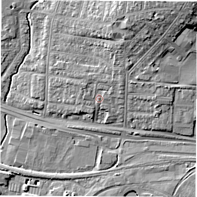 Shaded relief map of the ground around SO150SB, computed from Environment Agency LiDAR. The ground here sits at about 6 m above sea level and falls 20 m across the surrounding 800 m. Surface water reaching this point runs off ground lying to the north-east, 2.5 m higher.