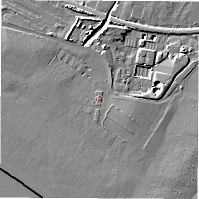 Shaded relief map of the ground around SO151DA, computed from Environment Agency LiDAR. The ground here sits at about 4 m above sea level and falls 12 m across the surrounding 800 m. Surface water reaching this point runs off ground lying to the east-south-east, 1.5 m higher.