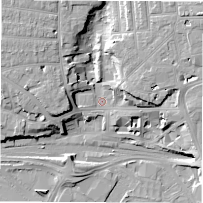 Shaded relief map of the ground around SO151GH, computed from Environment Agency LiDAR. The ground here sits at about 5 m above sea level and falls 19 m across the surrounding 800 m. Surface water reaching this point runs off ground lying to the north-west, 13.3 m higher.