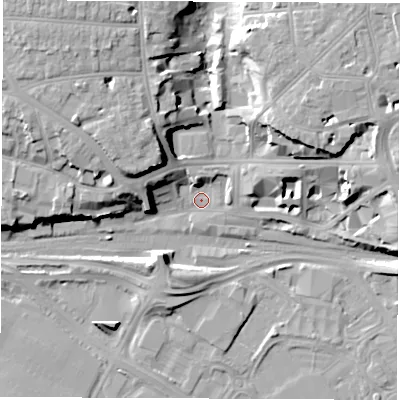 Shaded relief map of the ground around SO151GX, computed from Environment Agency LiDAR. The ground here sits at about 4 m above sea level and falls 17 m across the surrounding 800 m. Surface water reaching this point runs off ground lying to the north-east, 16.4 m higher.