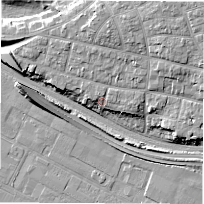 Shaded relief map of the ground around SO151JN, computed from Environment Agency LiDAR. The ground here sits at about 10 m above sea level and falls 14 m across the surrounding 800 m. Surface water reaching this point runs off ground lying to the north-east, 9.6 m higher.