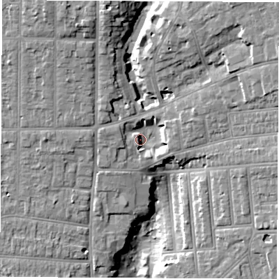Shaded relief map of the ground around SO152AR, computed from Environment Agency LiDAR. The ground here sits at about 16 m above sea level and falls 20 m across the surrounding 800 m. Surface water reaching this point runs off ground lying to the west, 3.7 m higher.
