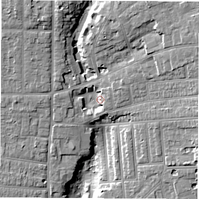 Shaded relief map of the ground around SO152BU, computed from Environment Agency LiDAR. The ground here sits at about 16 m above sea level and falls 20 m across the surrounding 800 m. Surface water reaching this point runs off ground lying to the east-north-east, 12.4 m higher.