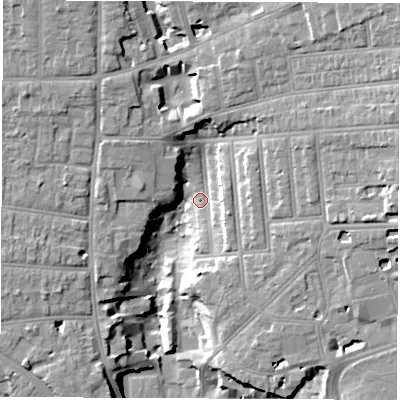 Shaded relief map of the ground around SO152FQ, computed from Environment Agency LiDAR. The ground here sits at about 10 m above sea level and falls 21 m across the surrounding 800 m. Surface water reaching this point runs off ground lying to the east-south-east, 6.7 m higher.