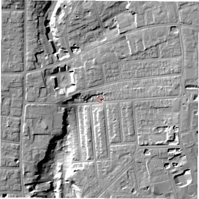 Shaded relief map of the ground around SO152HB, computed from Environment Agency LiDAR. The ground here sits at about 17 m above sea level and falls 22 m across the surrounding 800 m. Surface water reaching this point runs off ground lying to the east, 9.7 m higher.