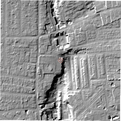 Shaded relief map of the ground around SO152HD, computed from Environment Agency LiDAR. The ground here sits at about 15 m above sea level and falls 21 m across the surrounding 800 m. Surface water reaching this point runs off ground lying to the north-north-west, 4.4 m higher.