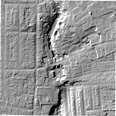 Shaded relief map of the ground around SO152NE, computed from Environment Agency LiDAR. The ground here sits at about 15 m above sea level and falls 19 m across the surrounding 800 m. Surface water reaching this point runs off ground lying to the north-north-west, 12.2 m higher.